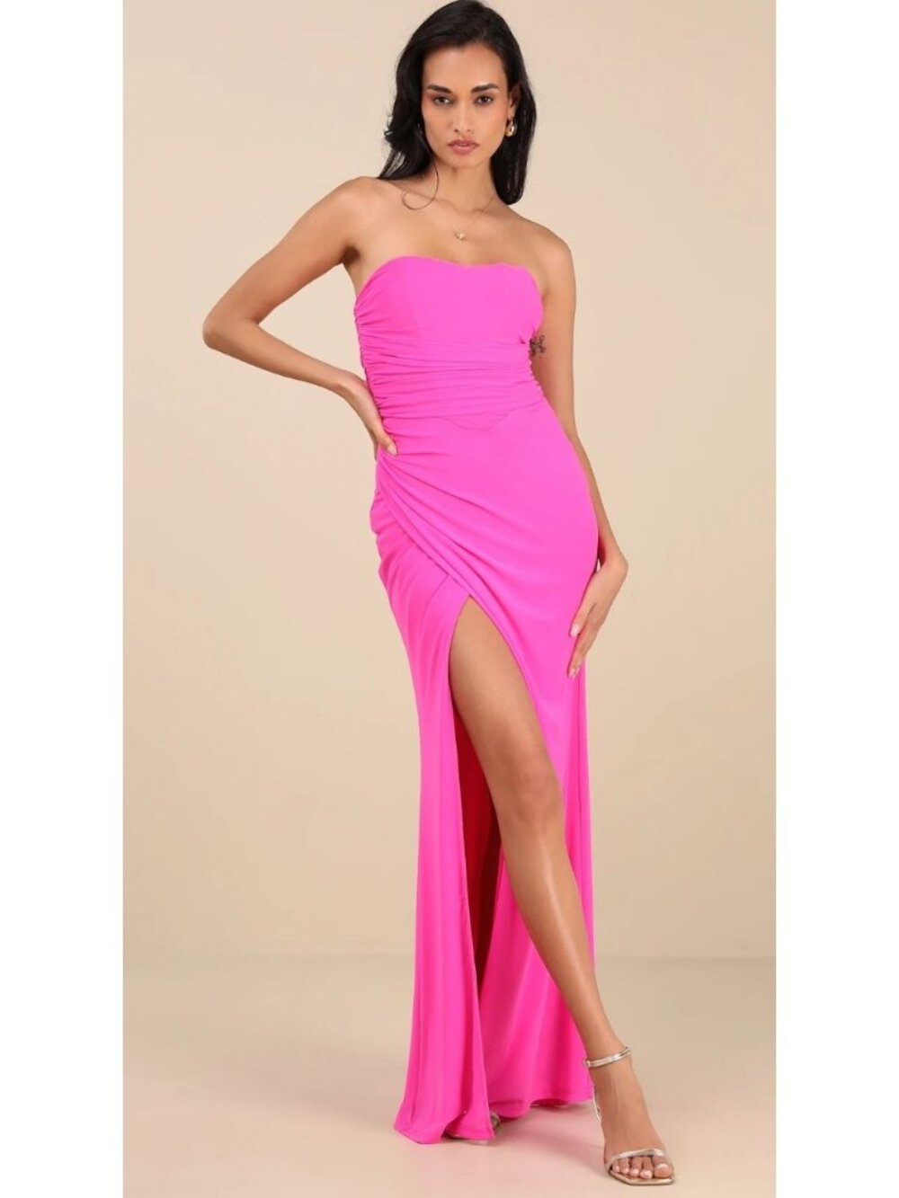 Lulus Epitome of Allure Hot Pink Mesh Strapless Ruched Maxi Dress Size Small NWT